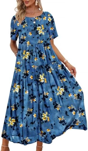 Casual Loose Bohemian Floral Dress with Pockets Short Sleev…