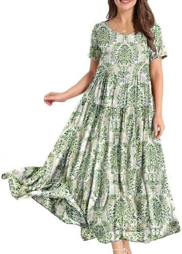 Casual Loose Bohemian Floral Dress with Pockets Short Sleev…