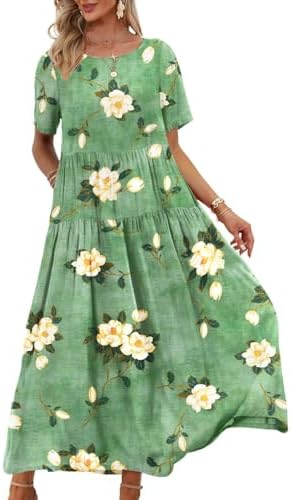 Casual Loose Bohemian Floral Dress with Pockets Short Sleev…