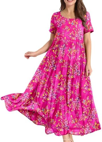 Casual Loose Bohemian Floral Dress with Pockets Short Sleev…