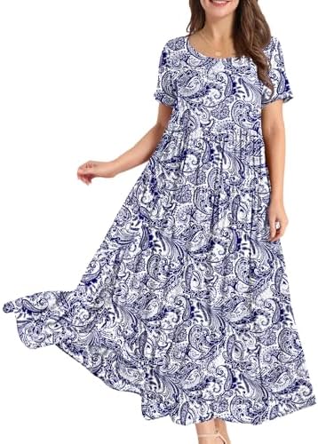Casual Loose Bohemian Floral Dress with Pockets Short Sleev…
