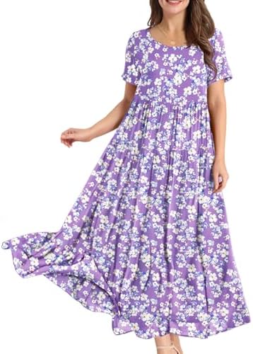 Casual Loose Bohemian Floral Dress with Pockets Short Sleev…