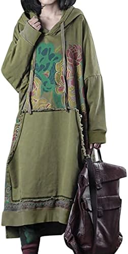Long Casual Hooded Sweatshirt Dress Ethnic Floral Print Col…