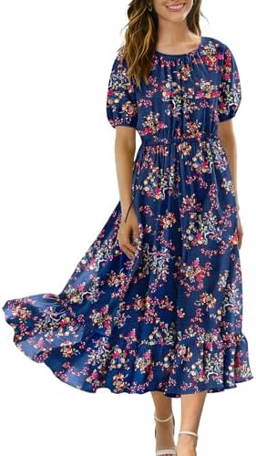 Summer Floral Maxi Dresses Boho Puff Sleeve Casual Drawstri…