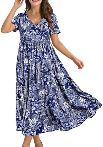 Summer Maxi Dresses Casual Floral Short Sleeve V Neck Boho …