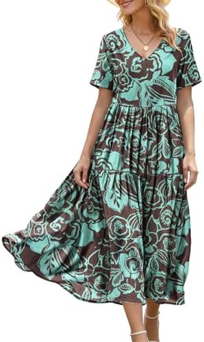 Summer Maxi Dresses Casual Floral Short Sleeve V Neck Boho …
