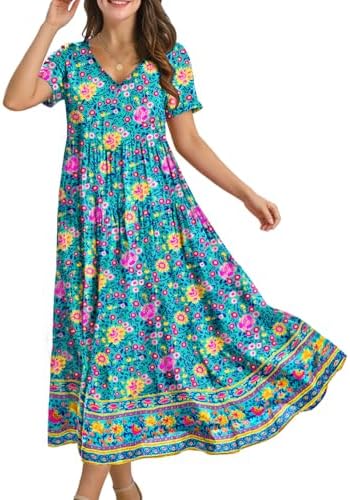 Summer Maxi Dresses Casual Floral Short Sleeve V Neck Boho …