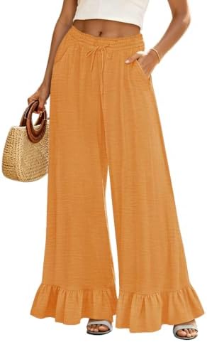 Wide Leg Pants Summer Flowy Ruffle Hem Pants Drawstring Ela…
